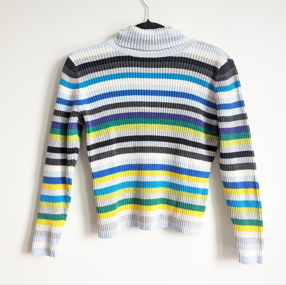 Vintage 90s Y2K Striped Rib Knit Turtleneck Sweater Blue & Green Petite M